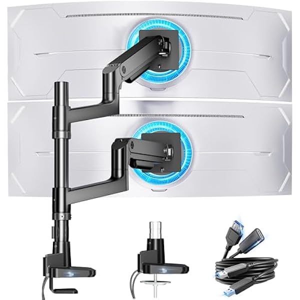  Dual Monitor Stand for Ultrawide Heavy Duty Curved Monitor Stacking, Fits 17-49 Inch, Vertical Gas Spring Double Monitor Mount with USB, Adjustable Dual Monitor Mount for Desk, Black
